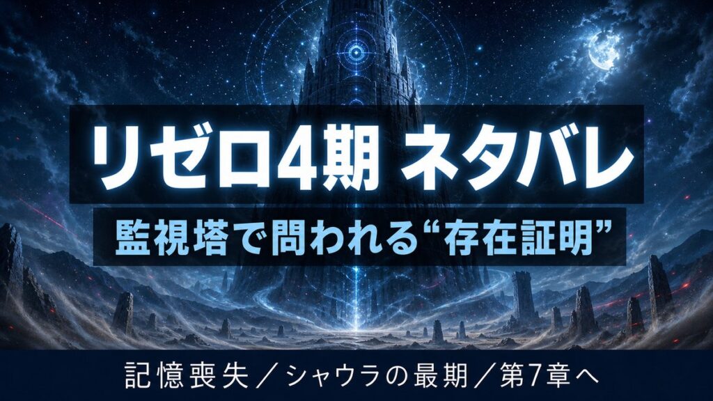リゼロ4期ネタバレ解説のアイキャッチ。星空にそびえるプレアデス監視塔と「存在証明」のテーマを表す幻想的なビジュアル