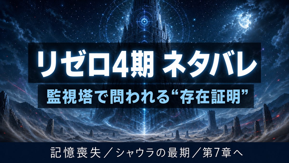 リゼロ4期ネタバレ解説のアイキャッチ。星空にそびえるプレアデス監視塔と「存在証明」のテーマを表す幻想的なビジュアル
