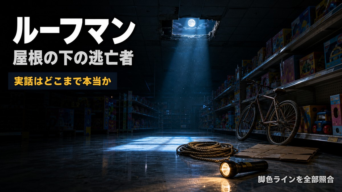映画『ルーフマン ― 屋根の下の逃亡者』の実話検証記事のアイキャッチ。閉店後のおもちゃ店の暗い通路と、天井に開けられた四角い穴から差し込む月明かりを描いたイメージ