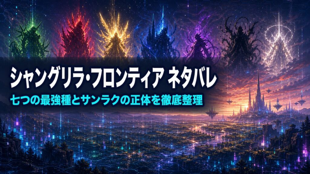 シャングリラ・フロンティアのネタバレ解説記事のアイキャッチ。七つの最強種を象徴する7色の発光と近未来のVRゲーム世界を描いた背景に、タイトル文字を配置。