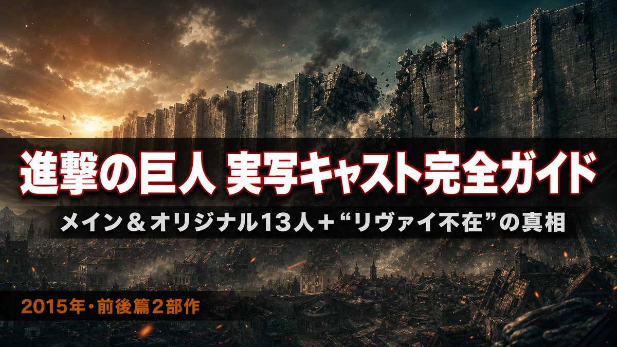 実写映画『進撃の巨人』のキャストを紹介する記事のアイキャッチ画像。崩れた壁と炎を背景に「進撃の巨人 実写キャスト完全ガイド」の文字。
