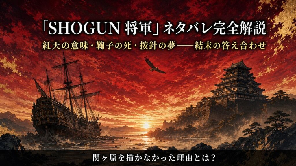 SHOGUN将軍ネタバレ解説のアイキャッチ。紅天を思わせる茜色の空と城、漂着した帆船と鷹のイラストに「紅天の意味・鞠子の死・按針の夢」の文字