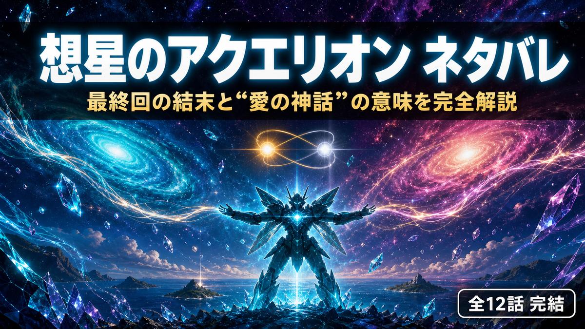想星のアクエリオン Myth of Emotions のネタバレ考察記事のアイキャッチ。二つの宇宙とアクエリオンを描いた宇宙的ビジュアル