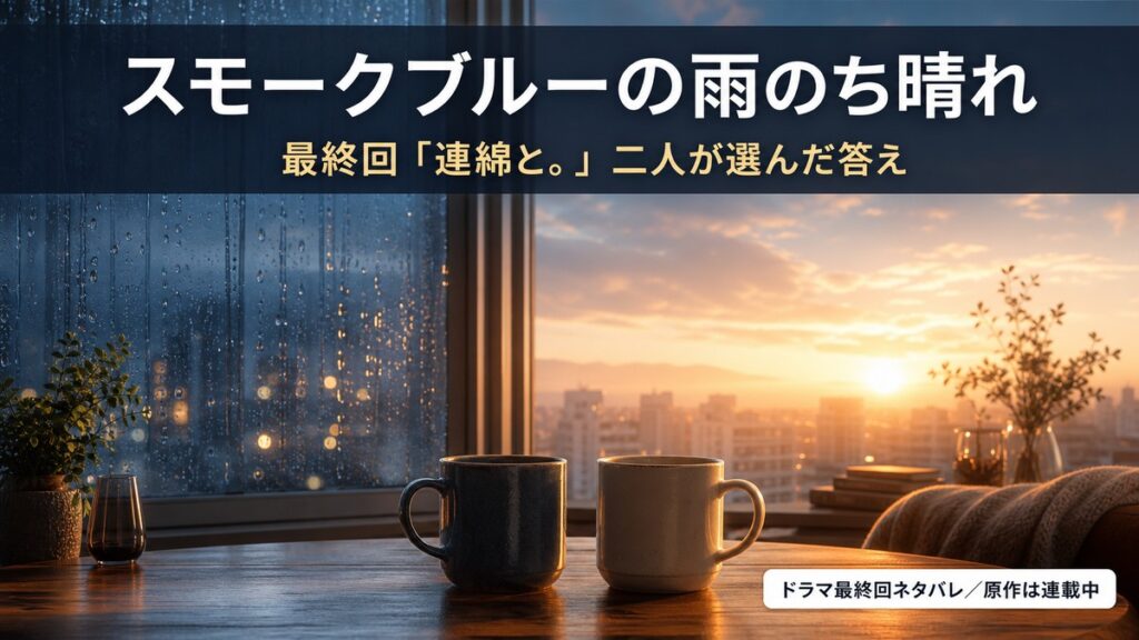 ドラマ「スモークブルーの雨のち晴れ」最終回「連綿と。」の結末を解説するアイキャッチ画像。雨から晴れへ変わる窓辺と二つのマグカップ