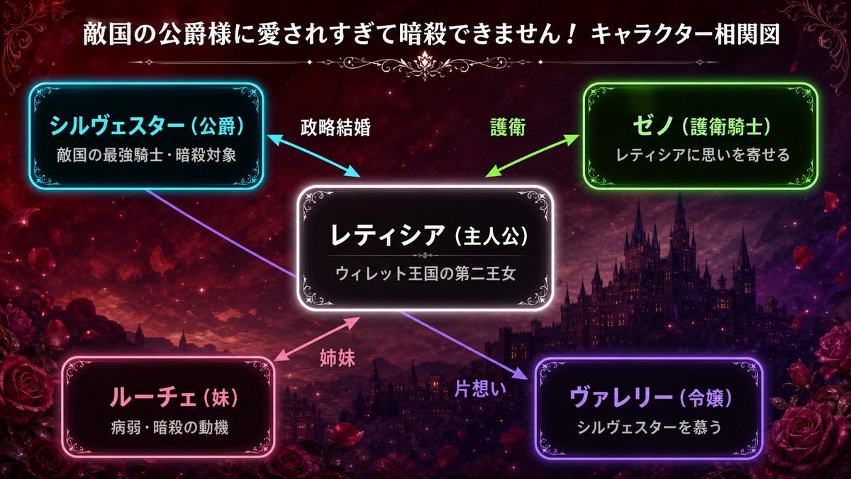 敵国の公爵様に愛されすぎて暗殺できません！のキャラクター相関図。主人公レティシアと公爵シルヴェスターの政略結婚、護衛騎士ゼノや妹ルーチェ、令嬢ヴァレリーとの関係を図示
