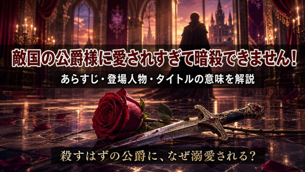 「敵国の公爵様に愛されすぎて暗殺できません！のあらすじ解説記事アイキャッチ。中世風の王宮を背景に薔薇と短剣が交差するロマンスファンタジーの構図」