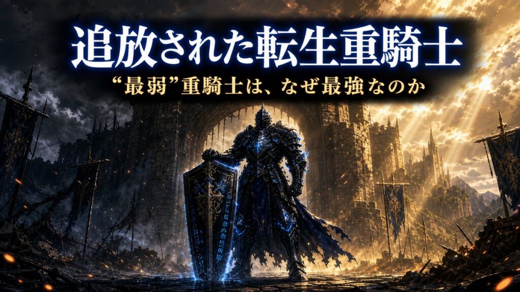 アニメ「追放された転生重騎士はゲーム知識で無双する」のアイキャッチ画像。大盾を構えた重騎士のシルエットと城門を背景に、最弱クラスが最強へ逆転するテーマを表現。