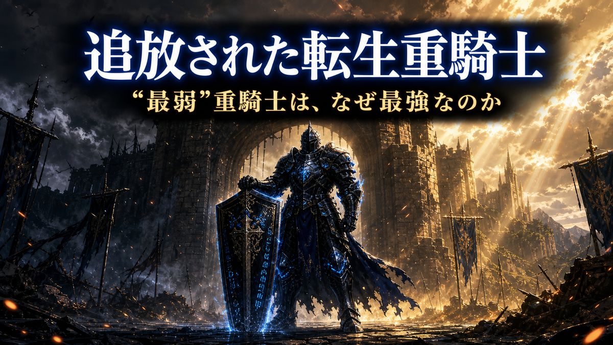 アニメ「追放された転生重騎士はゲーム知識で無双する」のアイキャッチ画像。大盾を構えた重騎士のシルエットと城門を背景に、最弱クラスが最強へ逆転するテーマを表現。