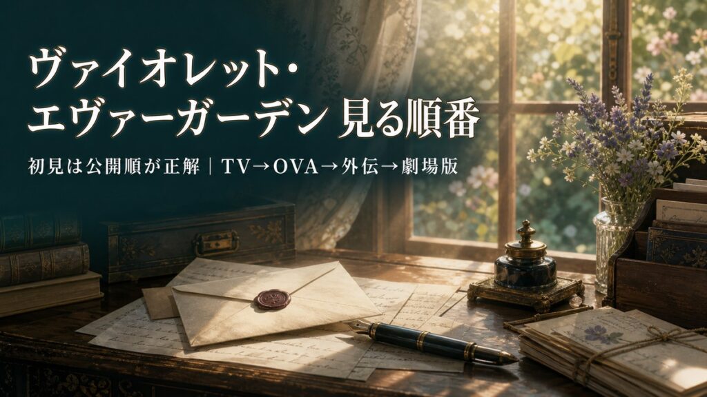 ヴァイオレット・エヴァーガーデンの見る順番を示すアイキャッチ画像。手紙と万年筆のある机の背景に「見る順番 初見は公開順が正解」の文字