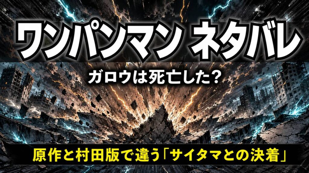 ワンパンマンのネタバレ解説アイキャッチ。ガロウは死亡したのか、原作と村田版で違うサイタマとの決着を扱う記事のタイトル画像。