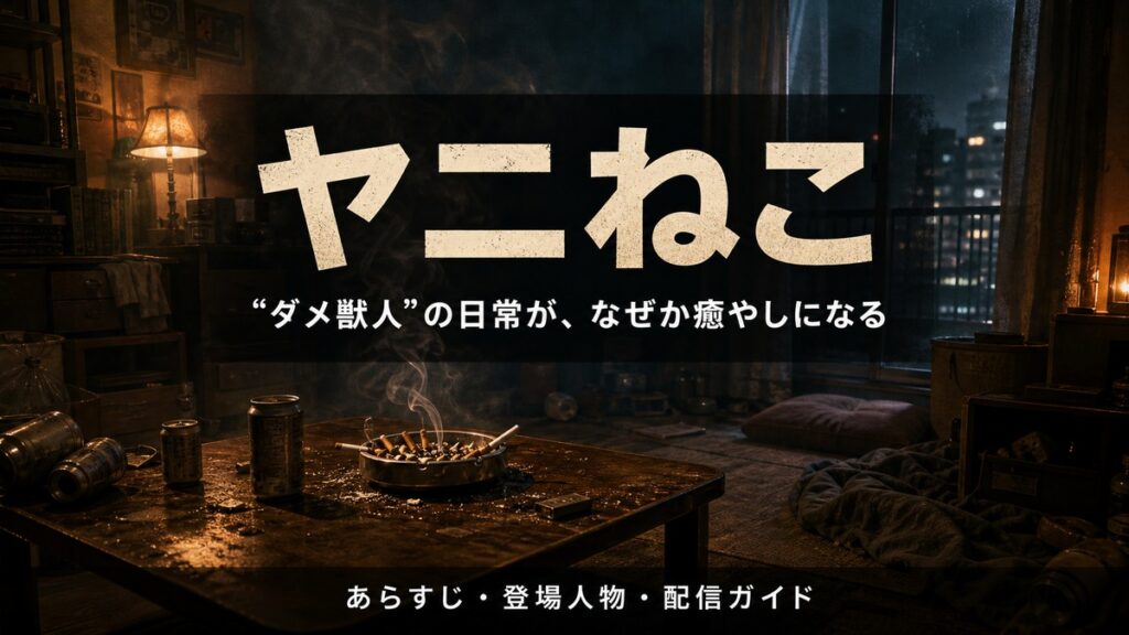 アニメ『ヤニねこ』のあらすじ紹介記事のアイキャッチ。深夜の散らかった安アパートと立ちのぼるタバコの煙を背景に、タイトル「ヤニねこ」を配置。