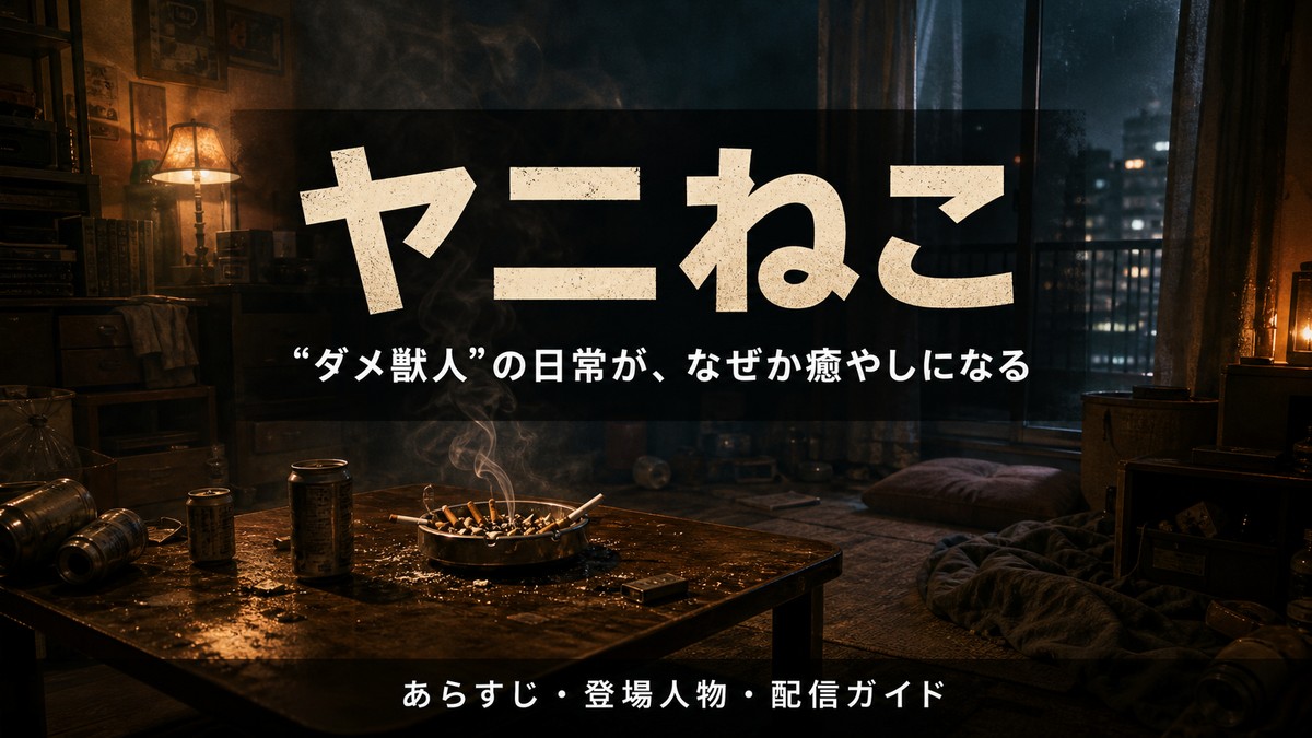 アニメ『ヤニねこ』のあらすじ紹介記事のアイキャッチ。深夜の散らかった安アパートと立ちのぼるタバコの煙を背景に、タイトル「ヤニねこ」を配置。