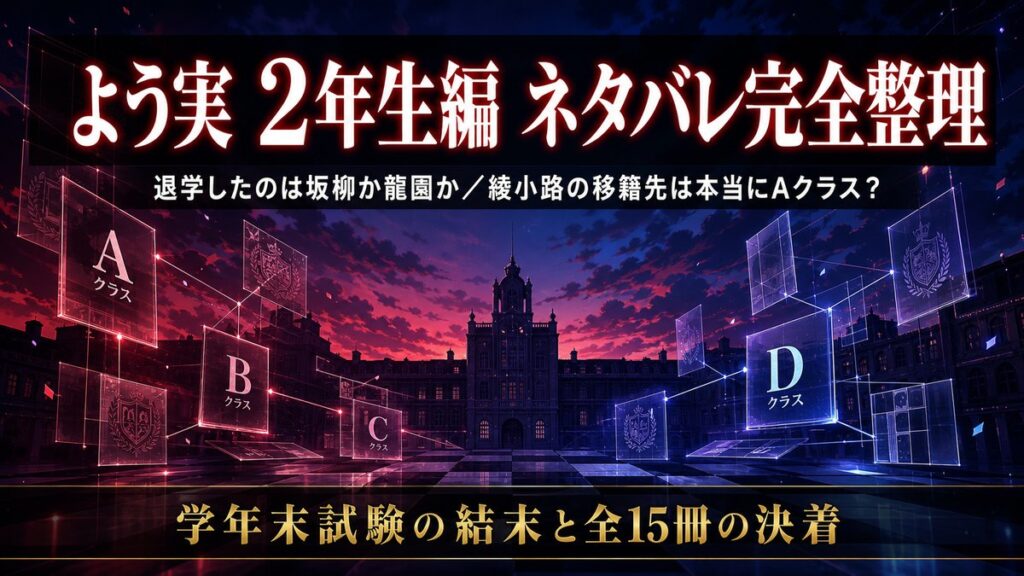 ようこそ実力至上主義の教室へ2年生編のネタバレ解説アイキャッチ。退学者と綾小路のクラス移籍を整理する記事タイトル入り。