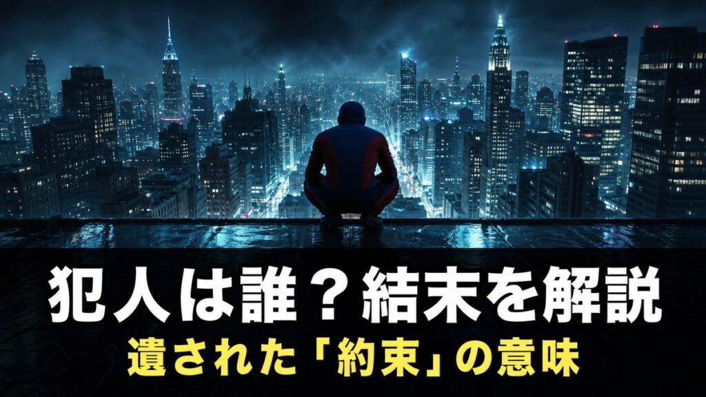 アメイジング・スパイダーマンのネタバレ解説記事のアイキャッチ画像。雨に濡れた夜のマンハッタンのビル屋上に佇むヒーローの後ろ姿と『犯人は誰？結末を解説』のコピー