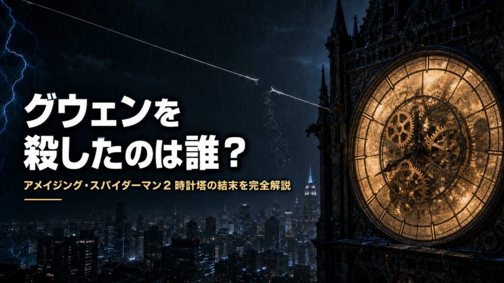 夜のニューヨークと巨大な時計塔を背景に「グウェンを殺したのは誰？」の見出しを配した『アメイジング・スパイダーマン2』ネタバレ解説記事のアイキャッチ画像