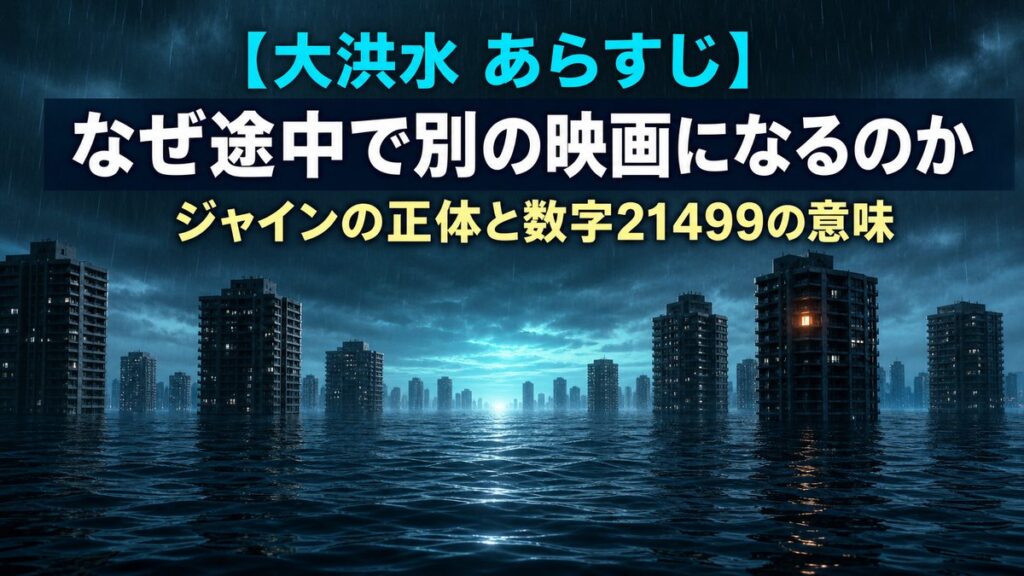 映画『大洪水』あらすじ解説記事のアイキャッチ画像。水没した都市の高層マンションが夜の海面から突き出す、災害とSFが同居するシネマティックな構図。