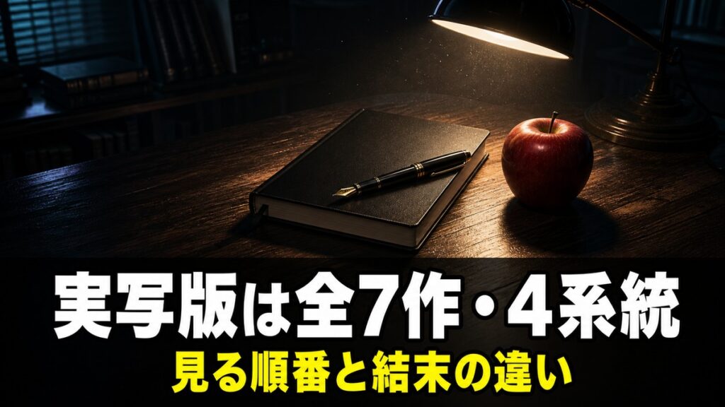 デスノート実写版の解説記事のアイキャッチ画像。暗い机の上に置かれた黒いノートと赤いリンゴを一点照明が照らし、「実写版は全7作・4系統」「見る順番と結末の違い」のコピーが入っている