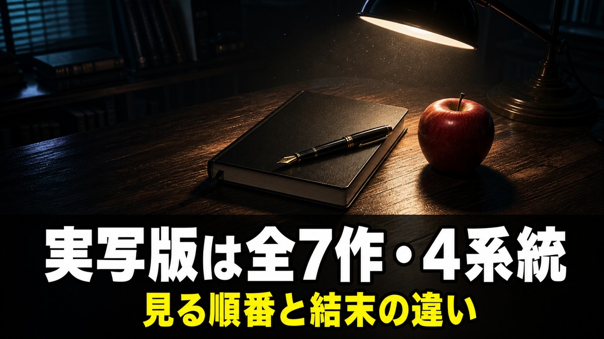 デスノート実写版の解説記事のアイキャッチ画像。暗い机の上に置かれた黒いノートと赤いリンゴを一点照明が照らし、「実写版は全7作・4系統」「見る順番と結末の違い」のコピーが入っている