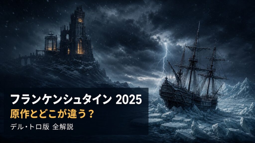 映画『フランケンシュタイン』(2025)の解説記事のアイキャッチ画像。廃墟の実験塔と北極の氷に閉じ込められた帆船を配した背景に「フランケンシュタイン 2025」「原作とどこが違う？」のコピー