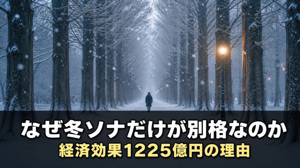 「冬のソナタはなぜ人気だったのかを解説する記事のアイキャッチ画像。雪の降る並木道を歩く人物の遠いシルエットと『なぜ冬ソナだけが別格なのか』のコピー」