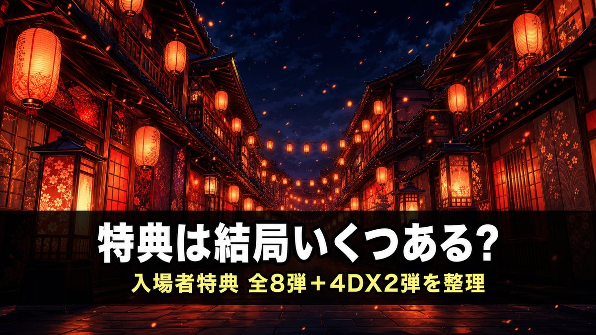 銀魂 吉原炎上篇の特典解説記事のアイキャッチ画像。赤提灯が連なる夜の遊郭の路地と「特典は結局いくつある？」のコピー