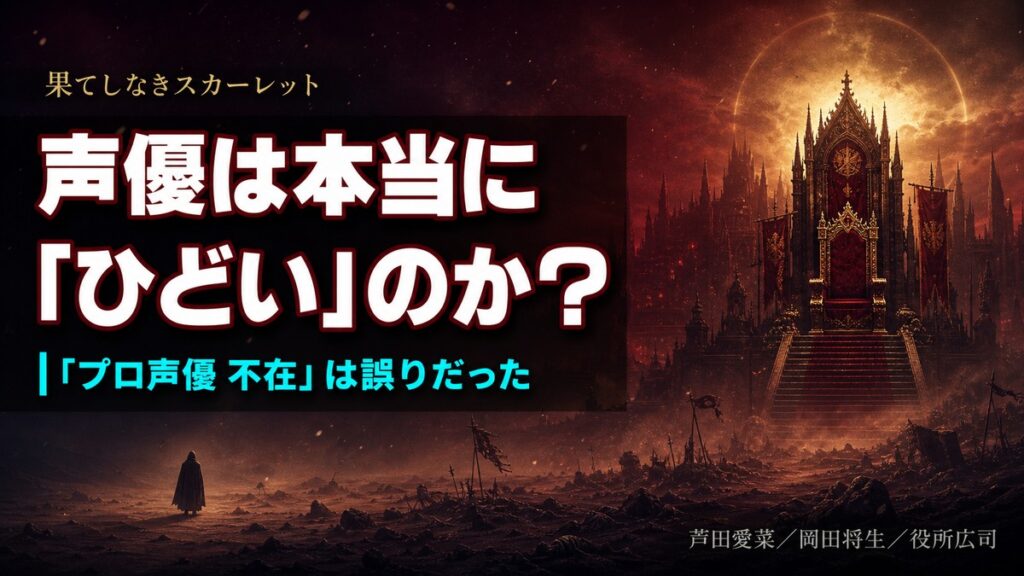 映画『果てしなきスカーレット』の声優評価を検証する記事のアイキャッチ画像。深紅から濃紺へのグラデーション背景に「声優は本当に『ひどい』のか？」のメインコピーと「『プロ声優 不在』は誤りだった」のサブコピーを配置