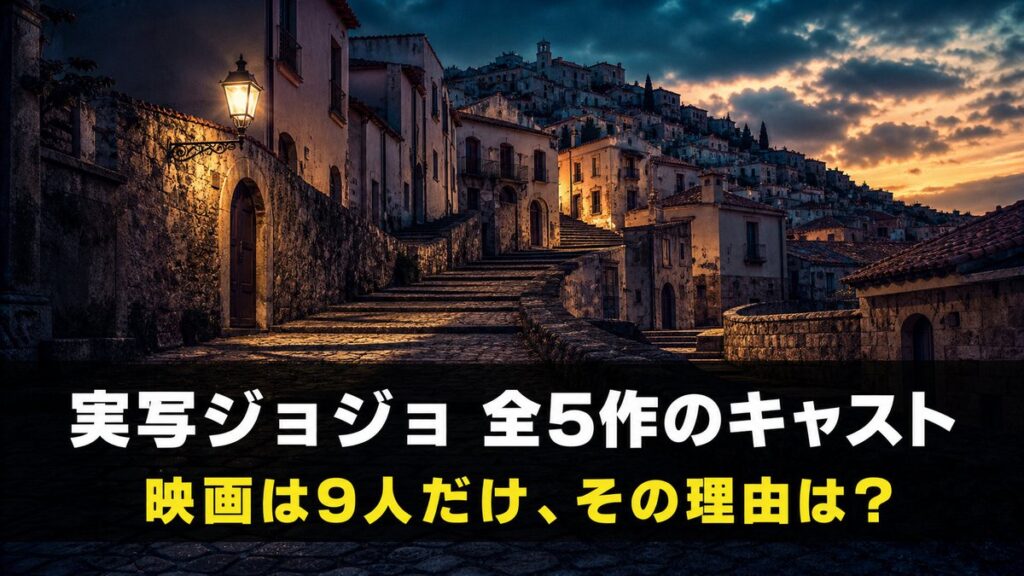 ジョジョの奇妙な冒険 実写キャスト解説記事のアイキャッチ画像。夕暮れの石畳の街並みを背景に「実写ジョジョ 全5作のキャスト」「映画は9人だけ、その理由は？」のコピーを配置