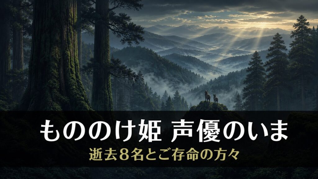 もののけ姫の声優の逝去を解説する記事のアイキャッチ画像。霧に沈む古代の日本の森を遠景でとらえ、『もののけ姫 声優のいま』『逝去8名とご存命の方々』のコピーを配置