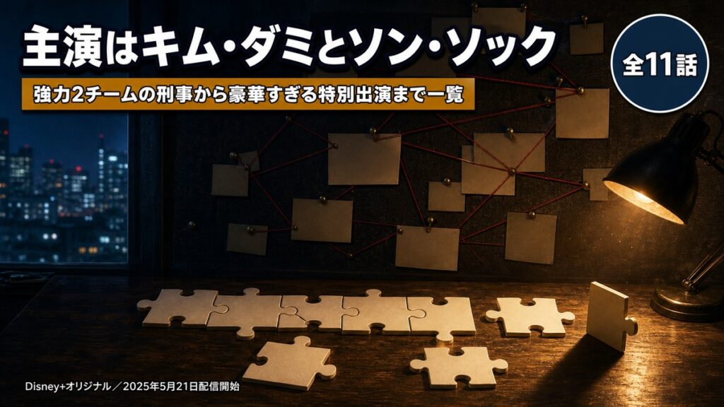 Disney+オリジナル韓国ドラマ「ナインパズル」のキャスト解説記事アイキャッチ画像。夜の捜査室に並ぶ9つのパズルピースと赤い糸の張られた証拠ボードを背景に「主演はキム・ダミとソン・ソック」「強力2チームの刑事から豪華すぎる特別出演まで一覧」「全11話」の文字が入っている