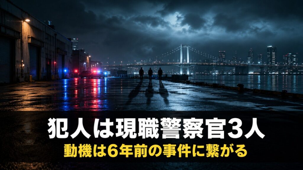 「踊る大捜査線 THE FINAL 新たなる希望のネタバレ解説記事のアイキャッチ画像。雨に濡れた夜の湾岸倉庫街と遠景に浮かぶ橋の灯り、『犯人は現職警察官3人』『動機は6年前の事件に繋がる』のコピー」