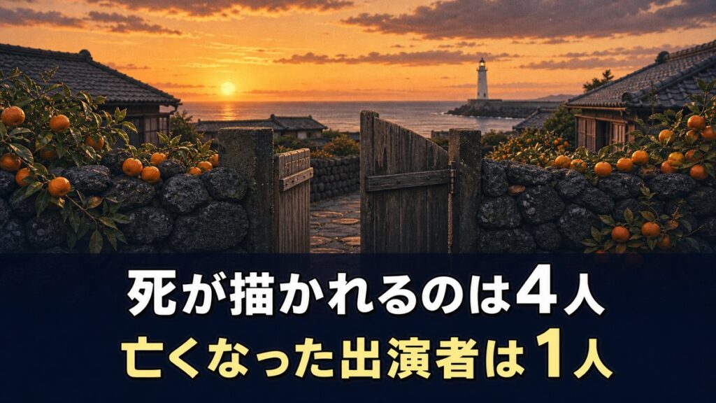 「おつかれさま キャスト死亡の解説記事のアイキャッチ画像。夕暮れの済州島の石垣とみかんを描いた背景に『死が描かれるのは4人』『亡くなった出演者は1人』のコピー」