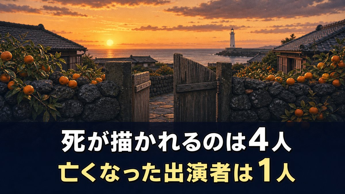 「おつかれさま キャスト死亡の解説記事のアイキャッチ画像。夕暮れの済州島の石垣とみかんを描いた背景に『死が描かれるのは4人』『亡くなった出演者は1人』のコピー」