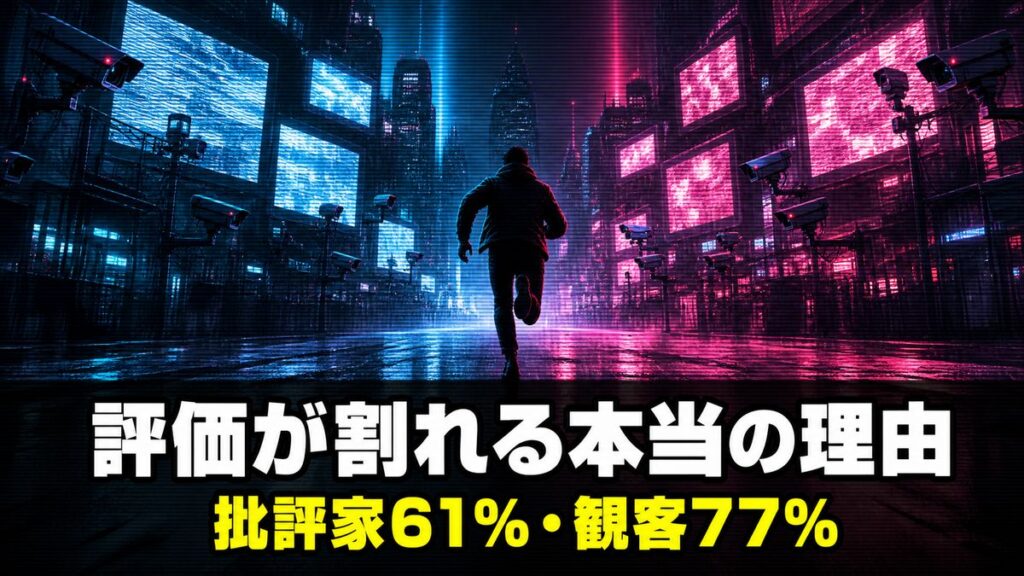映画『ランニング・マン』の評価解説記事のアイキャッチ画像。ネオンが光る雨の夜の街を走る人物のシルエットと監視スクリーン群を背景に、「評価が割れる本当の理由」「批評家61%・観客77%」のコピーが入っている