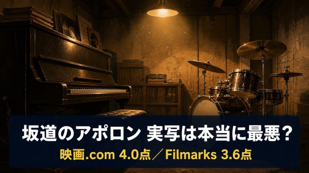 実写映画『坂道のアポロン』の評価を検証する記事のアイキャッチ画像。1960年代の地下練習室でアップライトピアノとドラムセットが向かい合う無人の構図に「坂道のアポロン 実写は本当に最悪？映画.com 4.0点／Filmarks 3.6点」のコピー