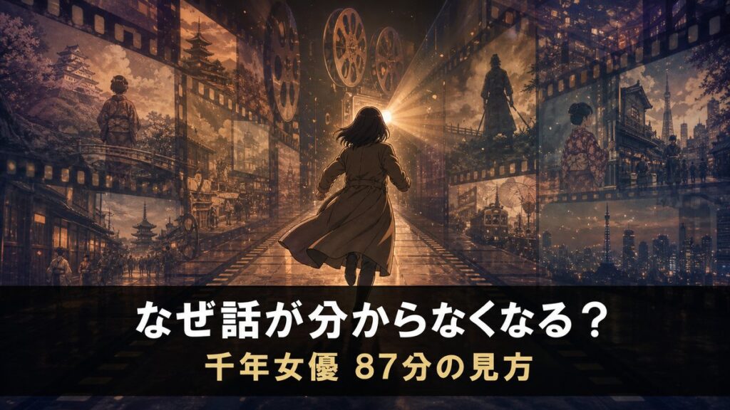 千年女優のあらすじ解説記事のアイキャッチ画像。古い映写機の光の中を走り去る女性の後ろ姿と、時代の異なる場面が二重露光のように重なる背景に「なぜ話が分からなくなる？」「千年女優 87分の見方」のコピー