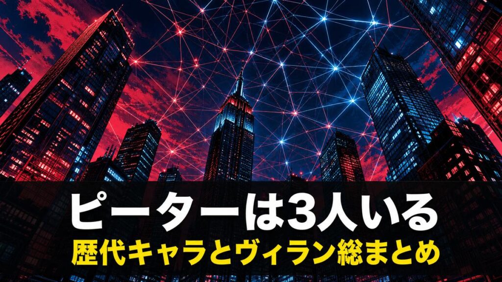 スパイダーマンのキャラクター一覧記事のアイキャッチ画像。夜のビル街に張られた蜘蛛の巣状の幾何学模様と『ピーターは3人いる』のコピー
