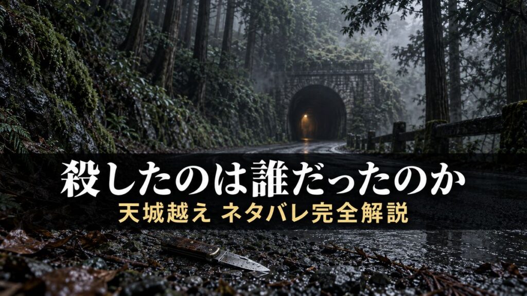 松本清張『天城越え』ネタバレ解説記事のアイキャッチ画像。霧のかかった天城トンネル前の峠道と、地面に落ちた小刀、「殺したのは誰だったのか」のコピー