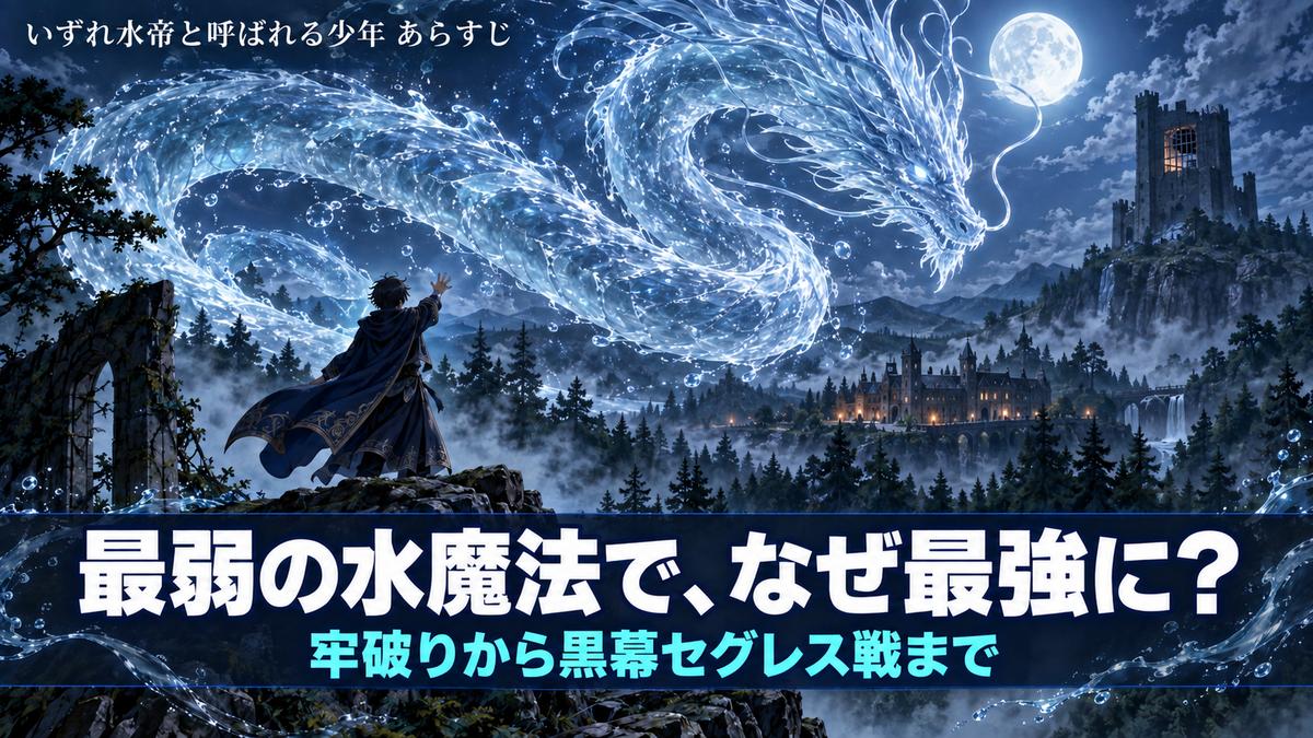 いずれ水帝と呼ばれる少年のあらすじ記事のアイキャッチ画像。夜の森の上空に巨大な水の竜がうねり、遠くに鉄格子の割れた塔が見える構図に「最弱の水魔法で、なぜ最強に？」「牢破りから黒幕セグレス戦まで」のコピー