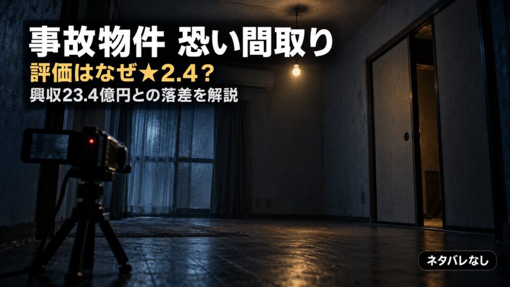 映画『事故物件 恐い間取り』の評価を解説する記事のアイキャッチ画像。薄暗い無人の1K室内にビデオカメラが置かれている