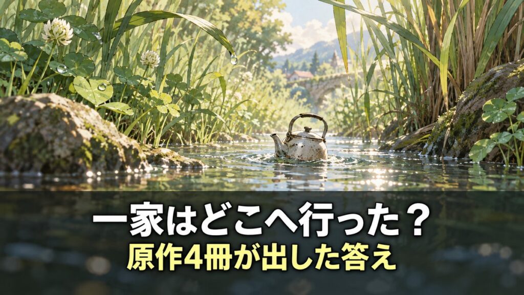 借りぐらしのアリエッティ その後を解説する記事のアイキャッチ画像。草に囲まれた小川を流れていく小さなやかんと「一家はどこへ行った？」のコピー