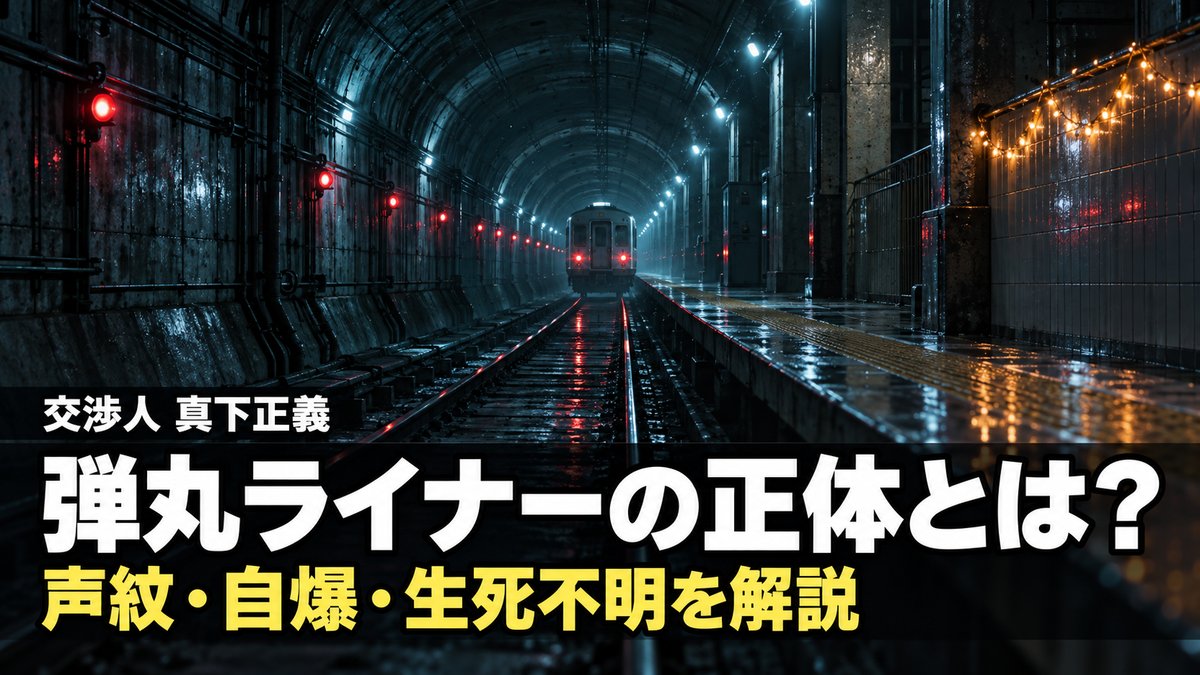 映画『交渉人 真下正義』のネタバレ解説記事のアイキャッチ画像。薄暗い地下鉄トンネルの奥に1両編成の銀色の車両が停まり、下部に「弾丸ライナーの正体とは？」「声紋・自爆・生死不明を解説」のコピーが入っている