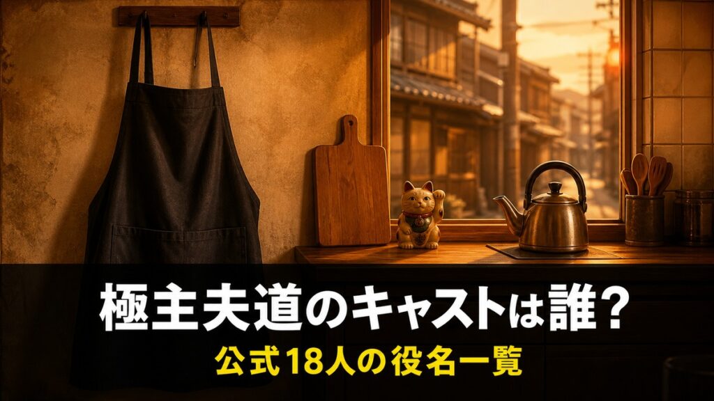 極主夫道のテレビ番組キャスト解説記事のアイキャッチ画像。夕暮れの下町商店街を背景にした台所とエプロンの情景に『極主夫道のキャストは誰？』『公式18人の役名一覧』のコピーを重ねたデザイン