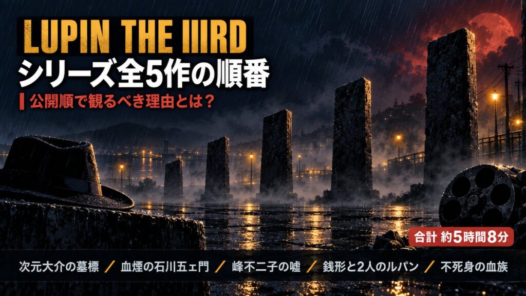 LUPIN THE IIIRDシリーズ全5作の視聴順を解説する記事のアイキャッチ画像。雨の夜を背景に5本の石標が並び、「LUPIN THE IIIRD シリーズ全5作の順番」「公開順で観るべき理由とは？」のコピーと、次元大介の墓標から不死身の血族までの作品名、合計約5時間8分の表記が入る