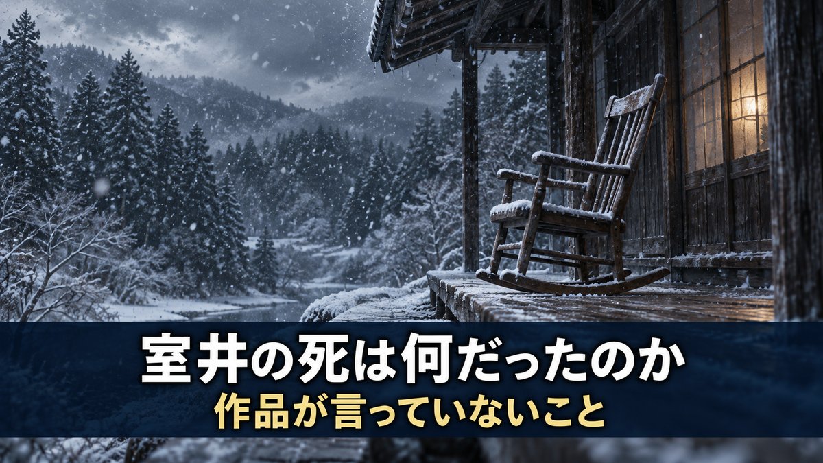 映画『室井慎次 生き続ける者』のネタバレ解説記事のアイキャッチ画像。雪の降る古い日本家屋の縁側に置かれた主のいないロッキングチェアと、『室井の死は何だったのか』のコピー
