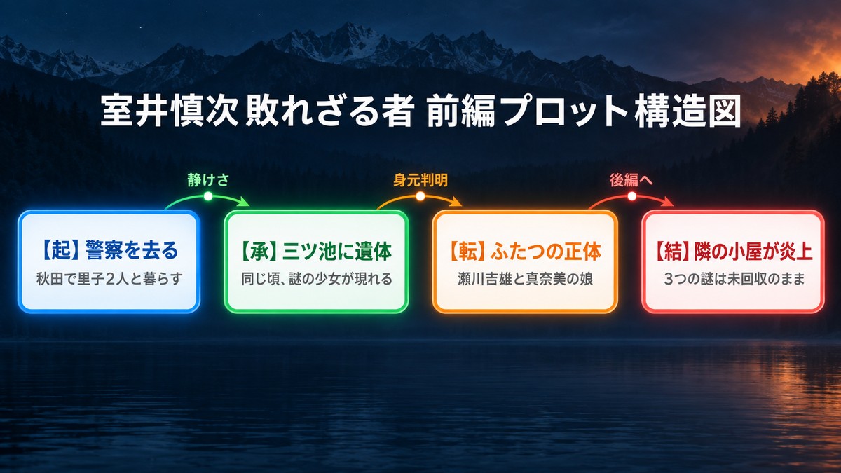 『室井慎次 敗れざる者』前編のプロット構造図。室井が警察を去り秋田へ移るところから、三ツ池の遺体発見と日向杏の出現、ふたつの正体の判明を経て、隣の小屋が炎上し3つの謎が未回収のまま終わるまでを起承転結の4段階で図示