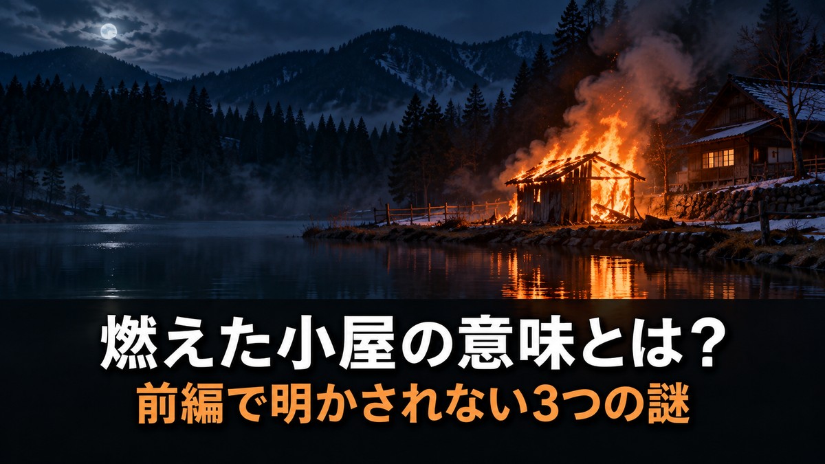『室井慎次 敗れざる者』ネタバレ解説記事のアイキャッチ画像。夜の湖畔の民家のそばで小屋が燃えている情景と「燃えた小屋の意味とは？」のコピー