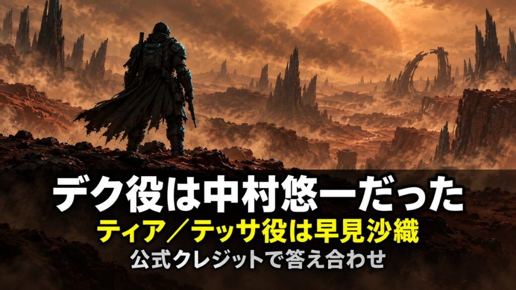 「映画『プレデター：バッドランド』の日本版声優解説記事のアイキャッチ画像。赤茶けた異星の荒野に立つ重装備の狩人の後ろ姿シルエットと『デク役は中村悠一だった』『ティア／テッサ役は早見沙織』のコピー」