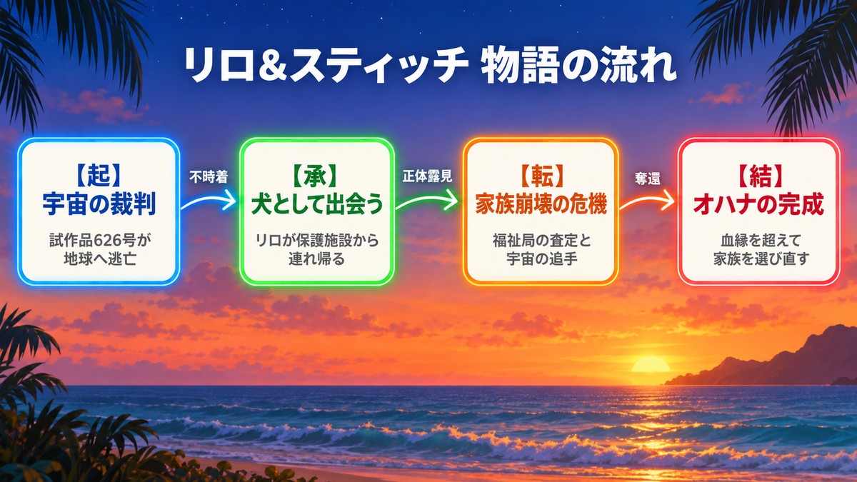 リロ&スティッチの物語の流れを起承転結の4段階で示したプロット構造図。試作品626号の地球への逃亡から、リロとの出会い、家族崩壊の危機、オハナの完成までを図示