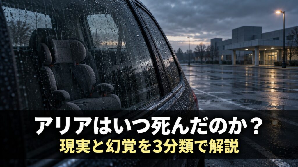 映画『ストロー: 絶望の淵で』考察記事のアイキャッチ画像。雨の降る夜明けの駐車場に停まった車と誰も座っていないチャイルドシート、そして『アリアはいつ死んだのか？』のコピー