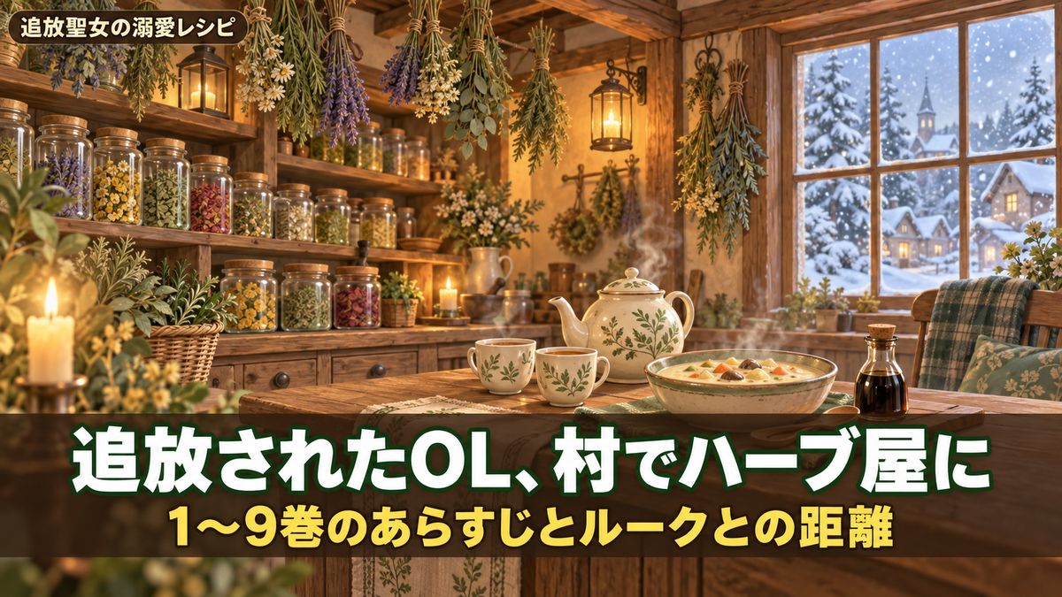 追放聖女の溺愛レシピ あらすじ記事のアイキャッチ画像。ハーブの瓶とティーポット、シチューが並ぶ村のハーブ屋の木のカウンターと雪の降る窓を背景に、「追放されたOL、村でハーブ屋に」「1〜9巻のあらすじとルークとの距離」のコピー